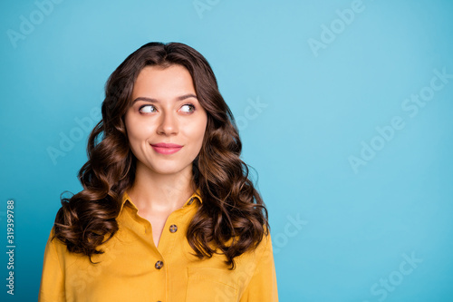 Close-up portrait of her she nice attractive lovely wavy-haired girl thinking creating new plan isolated over bright vivid shine vibrant green blue turquoise color background photo
