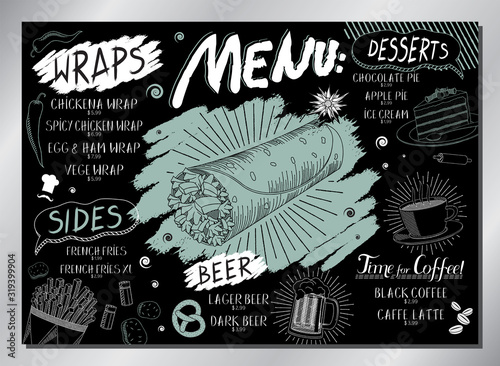 Vintage wraps table menu (tortilla wraps, french fries, desserts, drinks) - A3 size (420x297 mm)