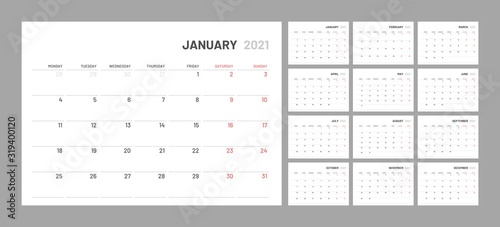 Calendar for 2021 new year in clean minimal table simple style.