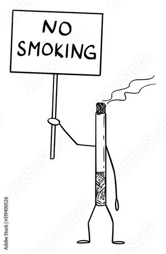 Vector illustration of cartoon burning cigarette character holding no smoking sign in hand. Tobacco or nicotine prohibition design.