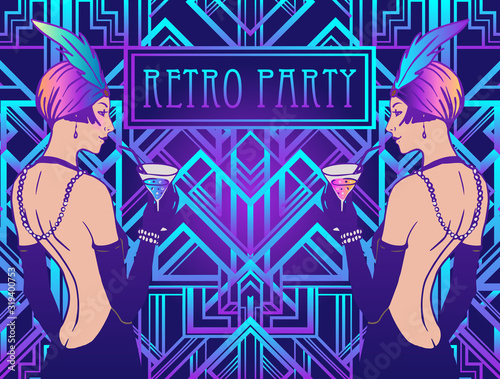 Flapper girl. Art deco, 1920s style, vintage invitation template design for drink list, bar menu, glamour event, wedding, jazz party flyer. Vector illustration in neon colors.