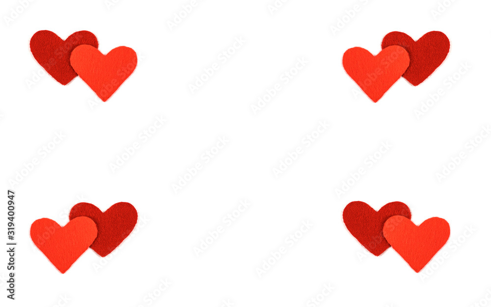 Red felt hearts isolated on white background. Love and St.Valentine's day concept.