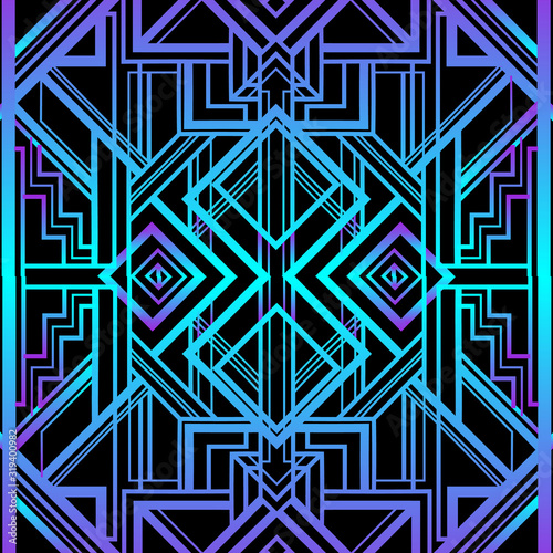 Art Deco vintage pattern in bright neon colors. Retro party geometric background 1920s style. Vector illustration for glamour party, thematic wedding or textile prints.