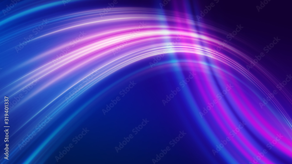 Foto de Dark blue abstract background with ultraviolet neon glow, blurry  light lines, waves do Stock