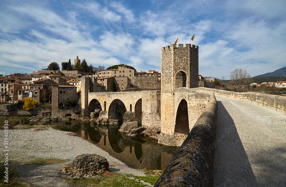 Medieval Roman bridge at the entrance to the town of Besalu.
