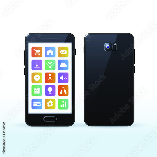 Black Smartphone with Apps on White Background . Isolated Vector Elements