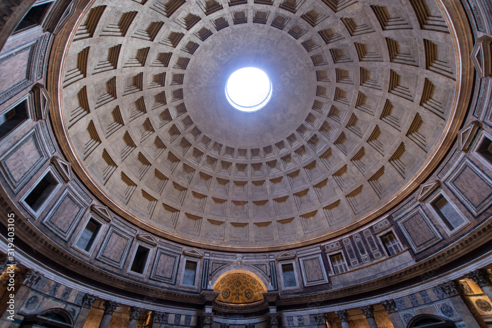 pantheon in rome, hole in the ceiling of the dome of the monument of ancient rome. tourism in rome in italy