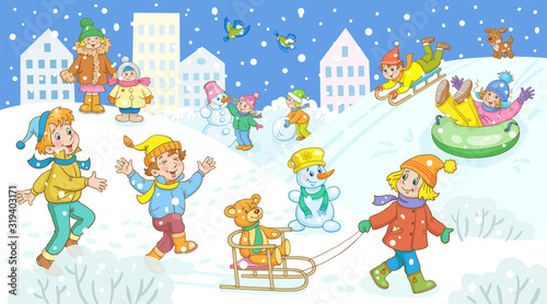 Winter activities. Cute funny children play  sculpt a snowman  ride down the hill and walk around the winter city. In cartoon style. Vector illustration.