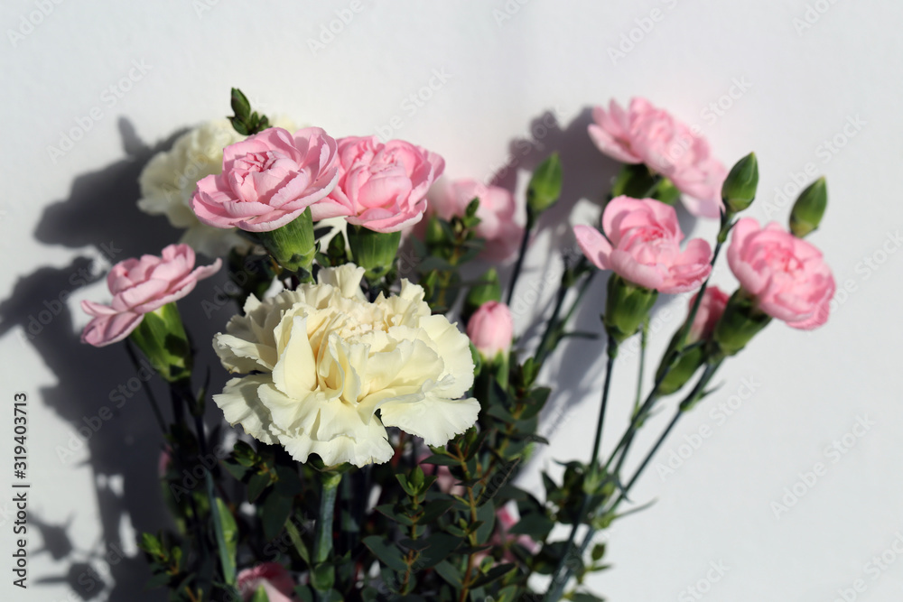 Super cute, light color flower bouquets including baby pink and white dianthus flowers with white chrysanthemum flowers, and some other white flowers. Photographed with a white wall on the background.