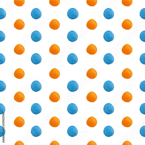 Seamless pattern of isolated and clipping pathed watercolor orange and blue dot which are opposite color on color wheel watercolor.