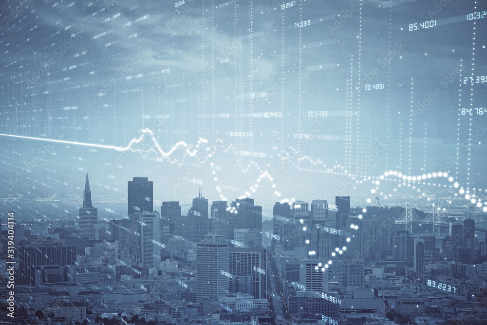 Forex graph on city view with skyscrapers background multi exposure. Financial analysis concept. Forex graph on city view with skyscrapers background multi exposure. Financial analysis concept.