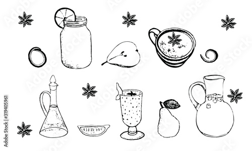 Set of beverage. Fresh organic smoothie, jug of ice cocktail, cup of coffee with almond, decanter with liquor, food concept in sketch style. Doodles, hand drawn types of alcoholic and non-alcoholic dr