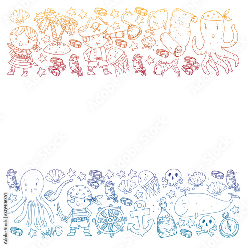 Pirate party. Illustrations for little children. Kids birthday celebration with treasure island, octopus, pirates