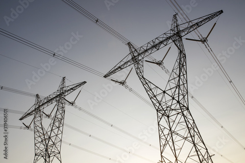 two australian high voltage power lines at dusk