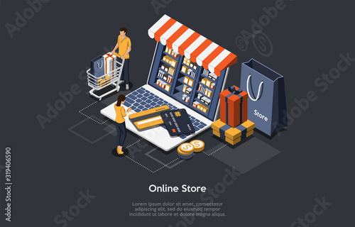 Isometric Online Store concept. Customers Order And Buy Goods Online. Online Gift Purchase, Gift Shop Application, Mobile Purchase Concept. Vector Illustration
