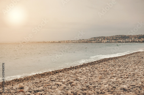 Nice  France September 2019. Panoramic view of Nice coastline and beach with blue sky  France. Cloudy day in Nice.