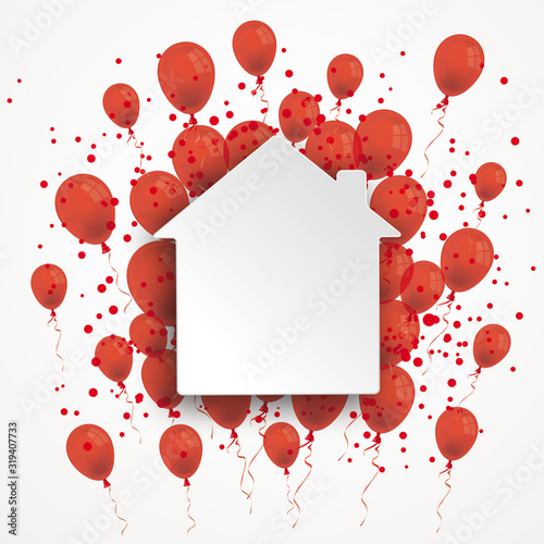 Red Balloons Confetti White Paper House