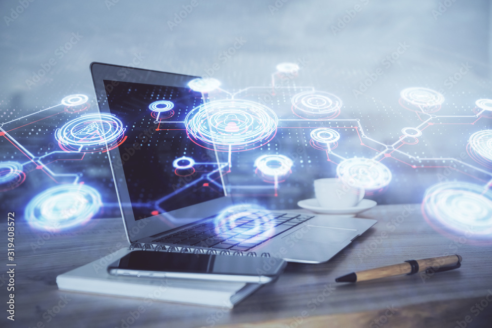 Computer on desktop with social network theme icon. Multi exposure. Concept of international connections. Computer on desktop with social network theme icon. Multi exposure. Concept of international connections.