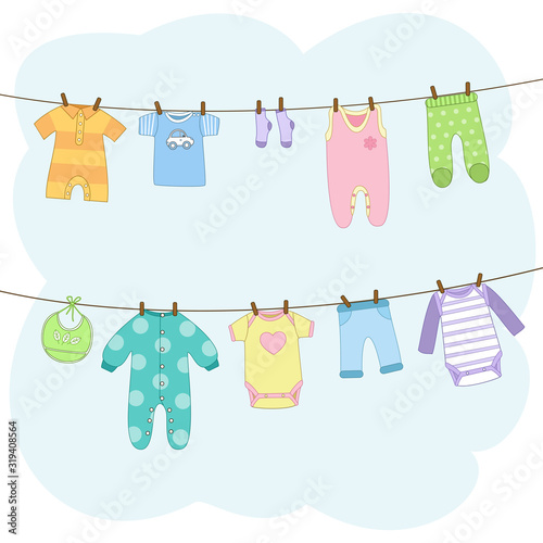Clean baby clothes hanging on a ropes. T-shirt, dress, romper, bodysuit, pants, bib, socks. Icon collection or elements for invitation. Vector illustration in cartoon style