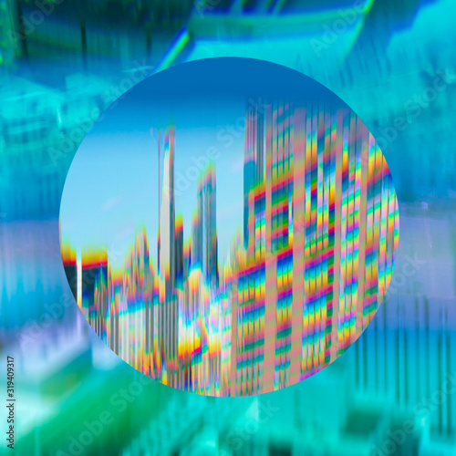 Creative prism effect graphic rainbow New York skyline with abstract cityscape background