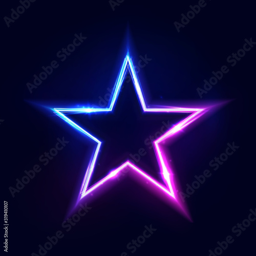 Neon star frame or neon lights sign. Vector abstract background  tunnel  portal. Geometric glow outline star shape  laser glowing lines. Abstract background with space for your text.