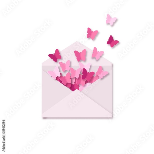 Creative Valentine Day card. Love letter with pink butterflies flying out of an envelope. Holiday invitation poster, card. Paper cut art digital craft style. Vector illustration