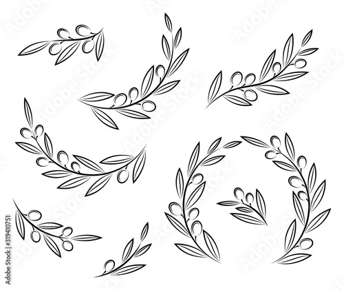 Black vector olive branches with leaves and olives