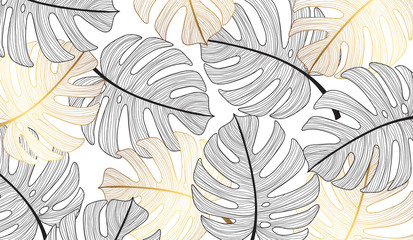 Handdoek met foto Aquarel bladerprint patronen Gouden monstera bladeren textuur  © TWINS DESIGN STUDIO