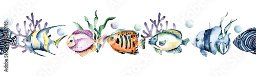 Fish watercolor cartoon sea repeating pattern border. Underwater animals, ocean life. Perfectly for printing kids textile, poster, postcard. Isolated on white. Hand painting.