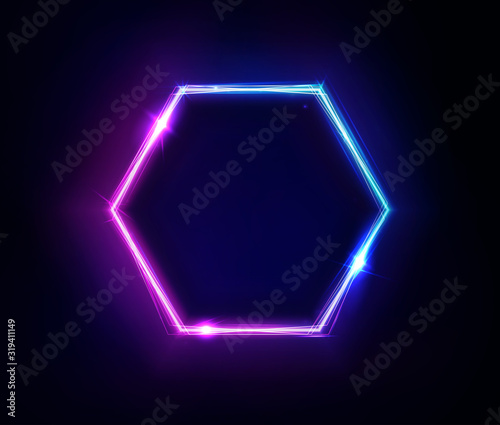 Neon hexagon frame or neon lights sign. Vector abstract background, tunnel, portal. Geometric glow outline hexagon shape or laser glowing lines. Abstract background with space for your text