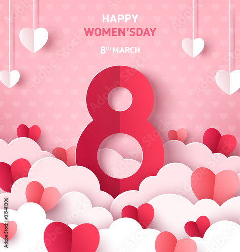 Women's Day greeting card or banner with eight sign and paper cut clouds and hearts on pink background. Vector illustration. Place for your text.