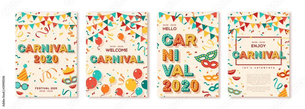 Set of 2020 Carnival cards or banners with typography design. Vector illustration with retro light bulbs font, streamers, confetti and hanging flag garlands. Place for text - obrazy, fototapety, plakaty 