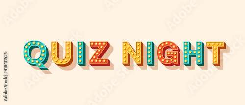 Quiz night banner with retro lettering. Typography 3d font with light bulbs. Casino style text isolated on white background. Fast questions and answers game. photo