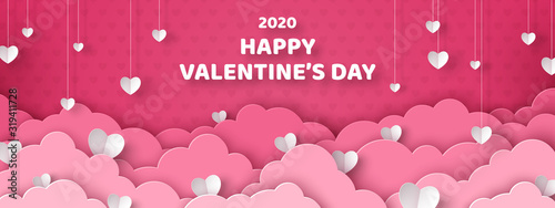 Valentine's day concept background. Vector illustration. 3d white paper cut hearts with pink clouds. Cute love sale banner or greeting card