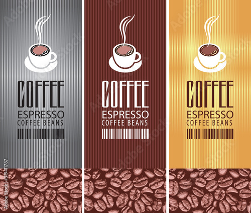 Coffee labels with a cup of hot coffee, barcode and coffee beans on the striped background. Set of three vector labels for coffee beans