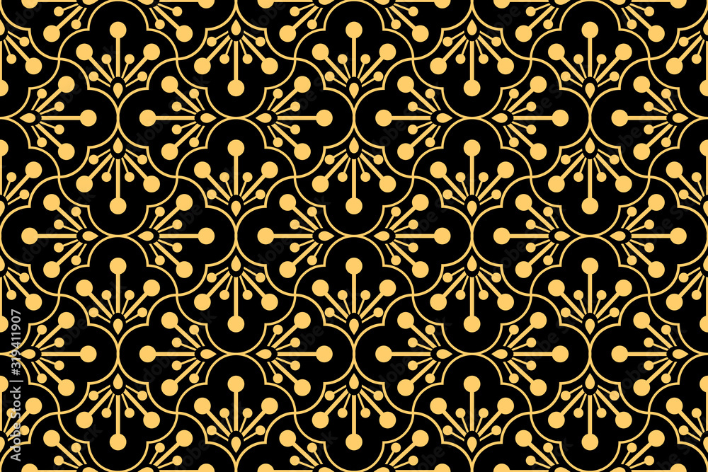 Flower geometric pattern. Seamless vector background. Black and gold ornament. Ornament for fabric, wallpaper, packaging. Decorative print