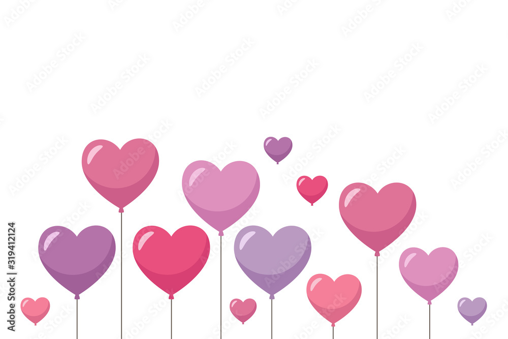 Purple and pink heart balloons. Holiday background, greeting card. Happy Valentine's Day. Vector illustration in cartoon style
