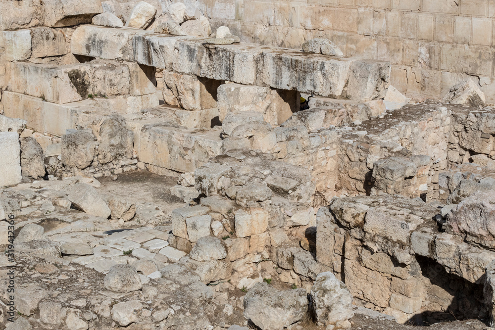 The Ancient Wailing Wall, part of the old city of Jerusalem around the Temple Mount.