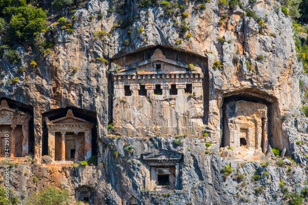 The ruins of ancient antique tombs of Lycian kings in modern Turkey.