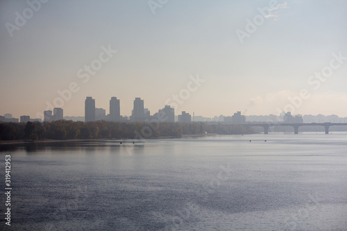 Bridge and high-rise buildings on the banks of the River Dnipro. Kiev  Ukraine