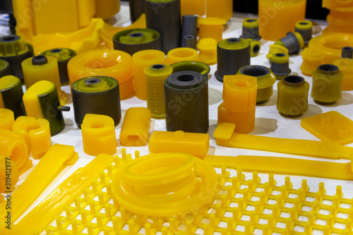 Products from polyurethane on the exhibition stand. Industry photo