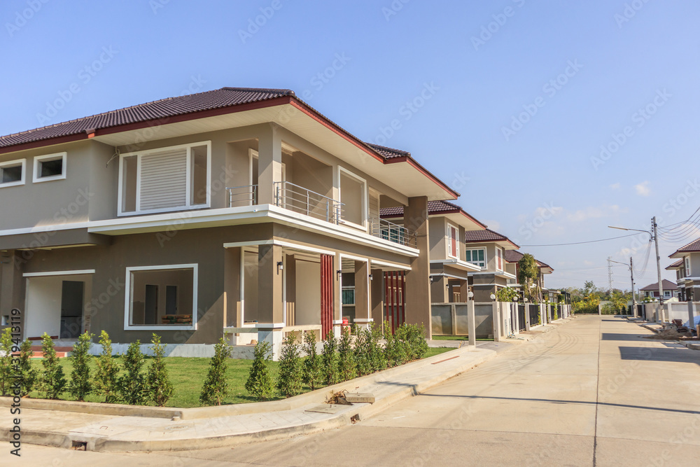 New residential house contemporary style building in progress at construction site