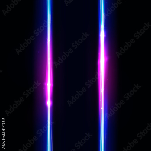 Neon vertical lines, frame. Neon lights sign. Vector abstract background, signboard, streak. Geometric glow outline shape or laser glowing parallel lines. Abstract background with space for your text