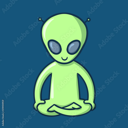 Funny cartoon alien character meditating. Flat vector illustration on blue background.