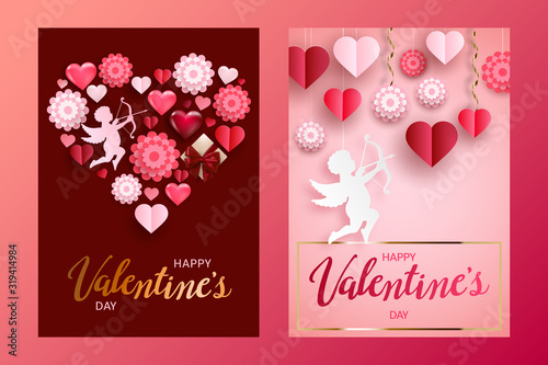 Happy Valentine's Day cards set with gift box, volume hearts, paper flowers and Cupid. Handwritten letteting, festive banner, poster collection, vector.