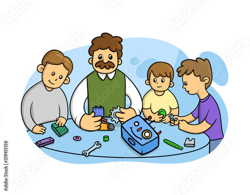 Kids learning robotics with a teacher, assembling a robot. Flat style vector illustration isolated on white background.