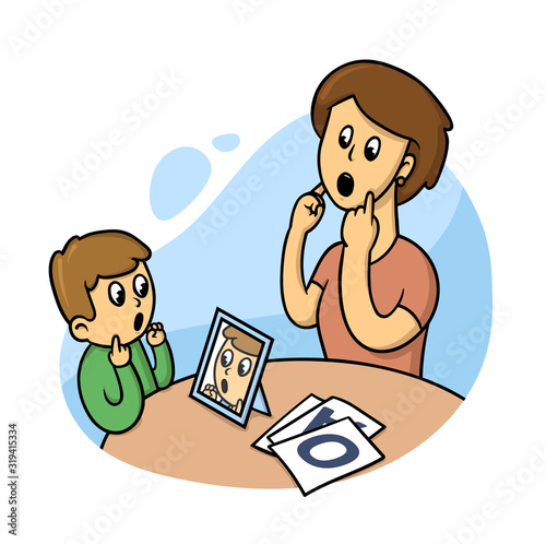 Logopedist with a kid. Speach therapy class. Flat vector illustration, isolated on white background.