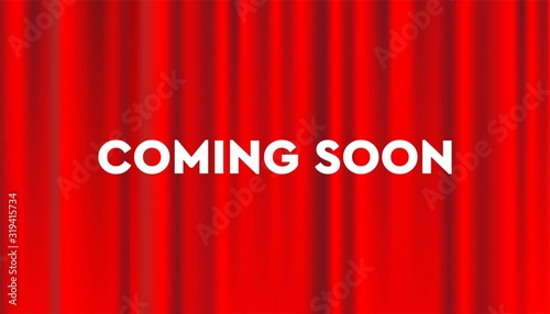 Coming soon background with red curtain vector illustration, web banner design, discount card, promotion, flyer layout, ad, advertisement, printing media.