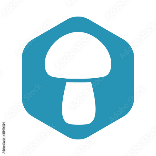 Mushroom icon. White mushroom icon on a blue hexagon. Vector illustration isolated on white background for design and web.