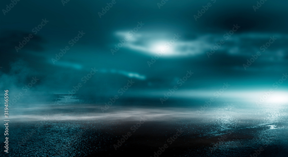 Futuristic landscape, abstract night landscape. Dark horizon Modern futuristic neon abstract background. Large object in the center, space background. Dark scene with neon light. 